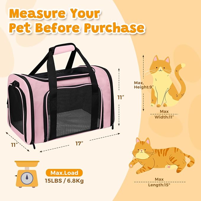 Cat Carrier Soft for Pets Up to 15 Lbs, Cat Travel Bag Soft-Sided with Padded Shoulder Strap, Pet Dog Carriers for Small Dogs Travel Puppy Carry Airline Approved, Pink
