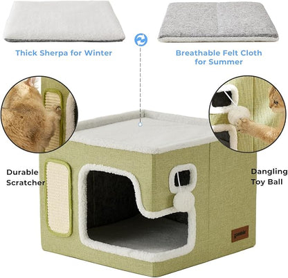 ZOMISIA Cat Beds for Indoor Cats - Large Cat House for Pet with Fluffy Ball Hanging and Scratch Pad, Foldable Cat Hideaway,16.5x16.5x13 inches, Grey