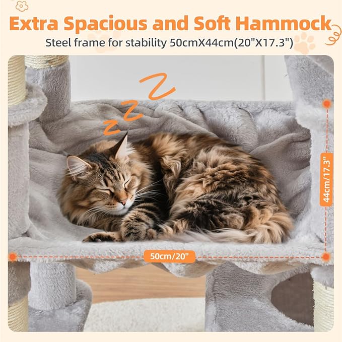 Taoqimiao Cat Tree 71-Inch, Cat Tower for Indoor Cats Large Adult, Multi-Level Large Cat Condo, 8 Sisal Scratching Posts, Metal Frame Cozy Hammock, Scratch Board, 2 Top Perches, Light Gray MS026LW