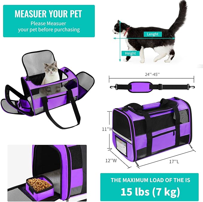 Airline Approved Cat Carrier Dog Carriers for Small Dogs Under 15 Lbs, Collapsible Soft Sided Travel Carriers for Puppy Kitten, Purple