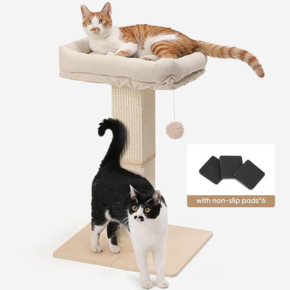 FUKUMARU Cat Scratching Post, Modern Style Tall Scratch Posts with Perch for Infoor Cats Adults, Large Cat Scratcher Tower with Bed, Small Tree with Raised Stand, Natural Sisal & Solid Wood