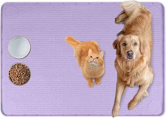 Bartuke Cat Food Mat, 40" x 28" Extra Large Silicone Pet Feeding Mat with Raised Edge Pet Placemat for Food and Water Bowl Non-Slip, Easy to Clean, Floor Protection (Purple)