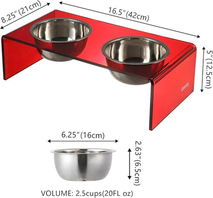THE LICKER STORE DBL2000H Keaton 5" Small/Medium Modern Acrylic Rectangular Elevated Pet Feeder with 20oz 2-Stainless Steel Bowls, Red/Chrome