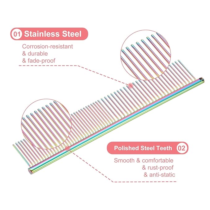 Dog Cat Comb, Pet Combs Stainless Steel Teeth with Rounded Ends for Knots Mats Loose Hair Removal, 7.5IN (Colorful Plated, 3 Pack), Grooming Tool Intended for Long Curly Hair Pet