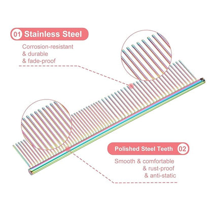 Dog Cat Comb, Pet Combs Stainless Steel Teeth with Rounded Ends for Knots Mats Loose Hair Removal, 7.5IN (Colorful Plated, 3 Pack), Grooming Tool Intended for Long Curly Hair Pet