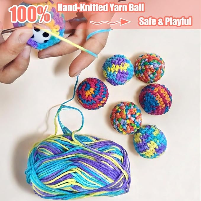 Cat Toys Balls 3 Jingle Bell Ball & 3 Soft Pom Pom Balls Interactive Kitten Toys for Hunting Kicking, Handmade Small 1.8” & Large 2.1” for Cats Kittens 6 Pack