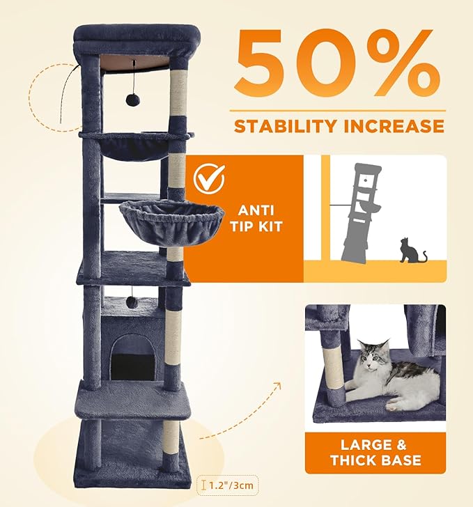 Made4Pets Tall Cat Tree, 71 Inches Cat Tree Tower for Indoor Cats Large Adult, Plush Multi-Level Cat Tower with 5 Scratching Posts, 2 Hammock, Condo and Perch, Big Cat House Indoor, Dark Grey