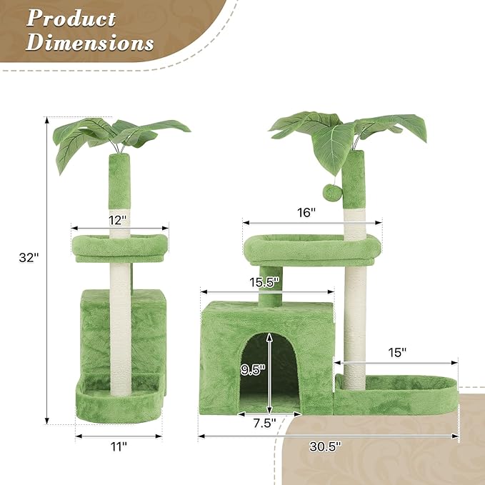 Athena Collection Small Cat Tree Tower with Scratching Post, 32 Inch Modern Cute Cat Tree Condo with Cozy Perch Haing Ball Green Leaves for Kittens Indoor Playing, Light Green