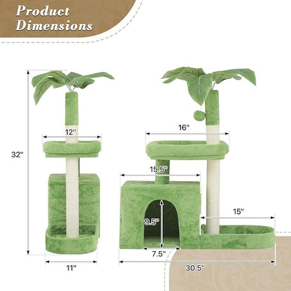 Athena Collection Small Cat Tree Tower with Scratching Post, 32 Inch Modern Cute Cat Tree Condo with Cozy Perch Haing Ball Green Leaves for Kittens Indoor Playing, Light Green