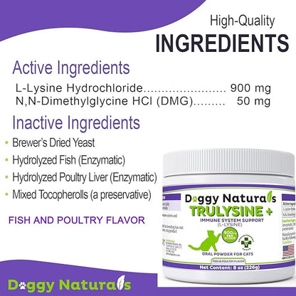 Trulysine Plus L-Lysine for Cats Immune Support Oral Powder 8oz/226g - Cats & Kittens of All Age, Sneezing, Runny Nose Squinting, Watery Eyes-Fish & Poultry Flavor (U.S.A)(225 Grams (900mg / Scoop))