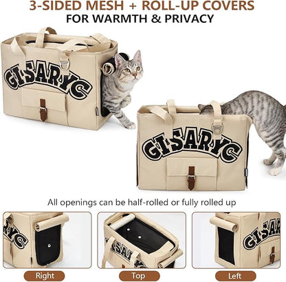 Dog Purse Carrier for Small Dogs, Cats and Puppies – Soft-Sided Foldable Pet Travel Bag with Multi Pockets, 3-Sided Mesh & Rollable Cover for Nervous Cats, Fits Pets up to 15 lbs (Beige)