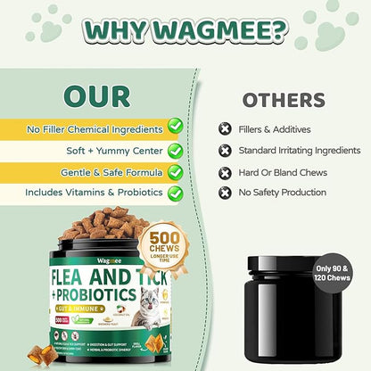 Flea and Tick Prevention for Cats Chews, 500 Crunchy & Creamy Flea Chews, Cat Flea Chewables with Probiotics - Skin & Coat Support - Fleas & Tick Supplement for Cats Kittens - Natural Chicken Flavor