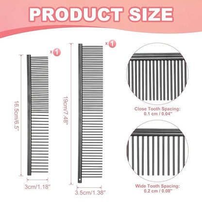 Dog Cat Comb, Pet Combs Stainless Steel Teeth with Rounded Ends for Knots Mats Loose Hair Removal, 6.5/7.5IN (Black Plated, 2 Pack), Grooming Tool Intended for Long Curly Hair Pet