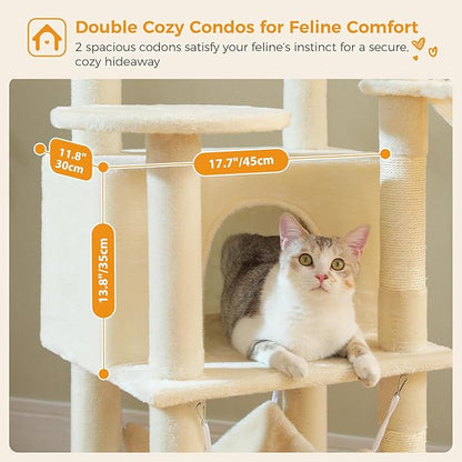 PAWZ Road Tall Cat Tower, 70 Inch Cat Tree with Hammock, 5 Scratching Posts, 2 Condos and a Large Top Perches for Large Cats-Beige
