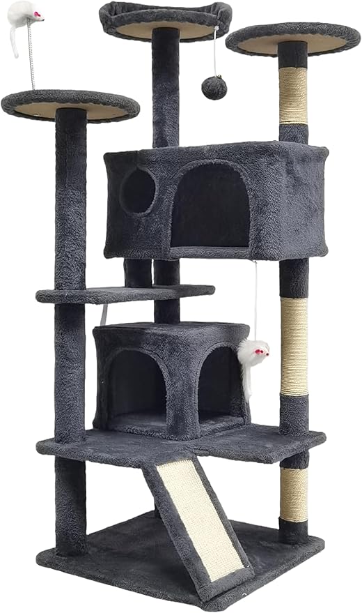 53-inch Cat Tree Tower for Indoor Cats,Cat Tree House Cat Furniture with Sisal Scratching Post,2 Cat Caves,Dangling Toys(Darkgray)