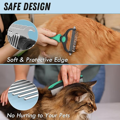Pet Grooming Brush and Metal Comb Combo, Cat Brush Dog Brush for Shedding, Undercoat Rake for Dogs Grooming, Dematting Deshedding Brush Dogs Shedding Tool for Long matted Haired Pets, Green