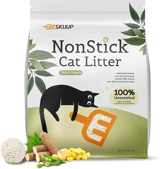 EZSKUUP Non-Stick Bottom Tofu Cat Litter Mix Cassava, Strong Clumping Low Tracking Kitty Litter, Natural Biodegradable Litter, Plant Odor Control, Low Dust Easy to Scoop, 9Lb