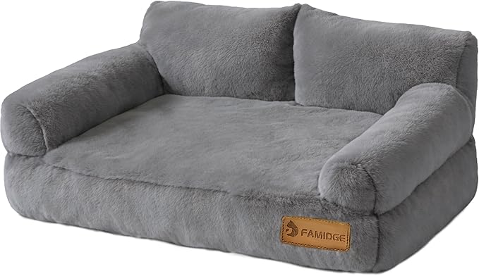 Cat Couch Bed - Cat Bed for Indoor Cats, Calming Pet Sofa Puppy Sleeping Bed with Removable Washable Cover, Cute Dog Couch and Kitty Lounge Chair for 20lbs Cats & Small Dogs(Light Grey)