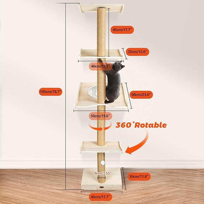Cat Tree, 4-Tier Cat Tower 76" Tall Against Wall Cats Climbing Tower with Rotatable Scratching Posts, Cat Shelves Perch and Hanging Toy Ball, Cat Tree Tower for Indoor Cats