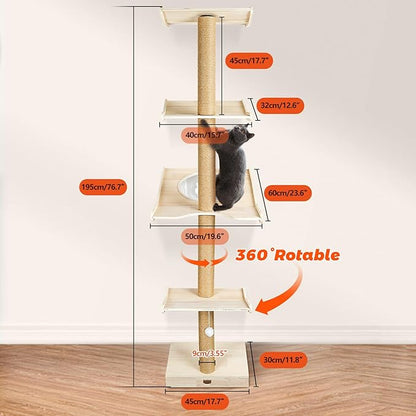 Cat Tree, 4-Tier Cat Tower 76" Tall Against Wall Cats Climbing Tower with Rotatable Scratching Posts, Cat Shelves Perch and Hanging Toy Ball, Cat Tree Tower for Indoor Cats