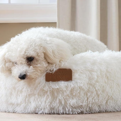 Town & Country Luxe CuddleTown Fuzzy Solid Donut Pet Bed, Soft, Cozy & Calming, Non-Slip Bottom, 100% Machine Washable, Cream, Small 24"x24"x7" Round