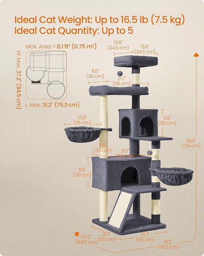 Feandrea Large Cat Tree Tower, 68.5-Inch Tall Cat Condo with Large Perch, Scratching Posts, Double Caves, Dark Gray UPCT006G02