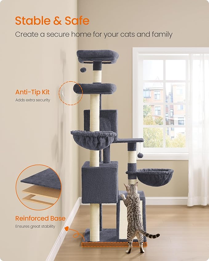 Feandrea Large Cat Tree Tower, 68.5-Inch Tall Cat Condo with Large Perch, Scratching Posts, Double Caves, Dark Gray UPCT006G02