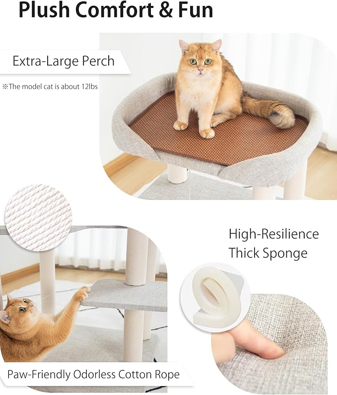 Cat Tree Tower Wooden 37.4''(95 cm), Large Cat Tree with Jump Platform & Play Ball for Indoor Cats, Ideal Cat's Climbing Frame & Playhouse (Linen Fabric Light Grey)