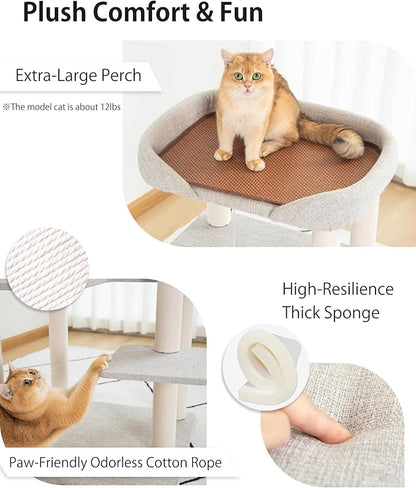 Cat Tree Tower Wooden 37.4''(95 cm), Large Cat Tree with Jump Platform & Play Ball for Indoor Cats, Ideal Cat's Climbing Frame & Playhouse (Linen Fabric Light Grey)