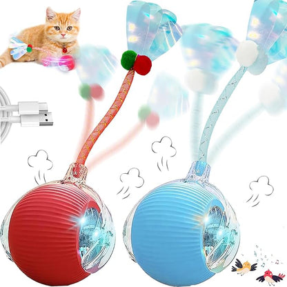 Christmas Stocking Stuffer Speedy 2.0 Tail 2 Packs Interactive Cat Toys for Indoor Cats, Automatic Cat Toy with Elastic Mesh Tail, Electric Rolling Ball on Carpet, Chirping and Motion Activate Cat