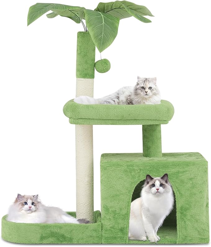 Athena Collection Small Cat Tree Tower with Scratching Post, 32 Inch Modern Cute Cat Tree Condo with Cozy Perch Haing Ball Green Leaves for Kittens Indoor Playing, Light Green