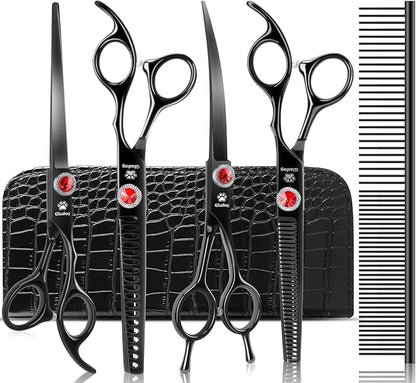 GLADOG 7 Inch Professional Dog Grooming Scissors Kit, Titanium Dog Scissors for Grooming, Heavy-Duty Dog Shears for Grooming, 6-in-1 Pet Grooming Scissors for Dogs (Pro Black)