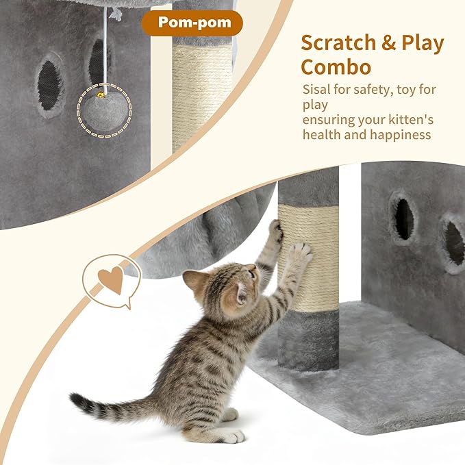 Heybly Cat Tree, 25.6-inch Cat Tower with Spacious Top Perch for Large Cats, Stair-Style Cat House Furniture with Dual-Layer Condos, Sisal Scratching Posts, Cozy Basket & Pompom, Light Gray HCT204SW