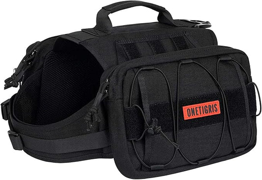 OneTigris Dog Backpack for Medium & Large Dogs, Nylon Backpack for Dogs Tactical Pet Backpack with Side Pockets for Hiking Walking Training Running (Black, Large)