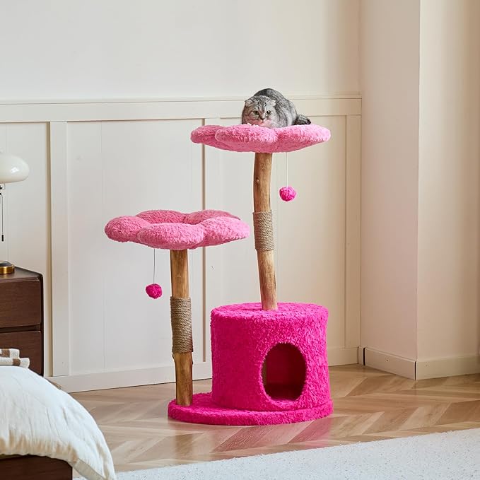 Modern Cat Tree Tower with Real Branch | Luxury Cat Condo for Large Cats | Wooden Cat Tower | Cat Scratching Tree for Cat Lover Gift （Pink ）