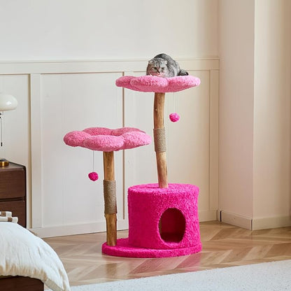 Modern Cat Tree Tower with Real Branch | Luxury Cat Condo for Large Cats | Wooden Cat Tower | Cat Scratching Tree for Cat Lover Gift （Pink ）