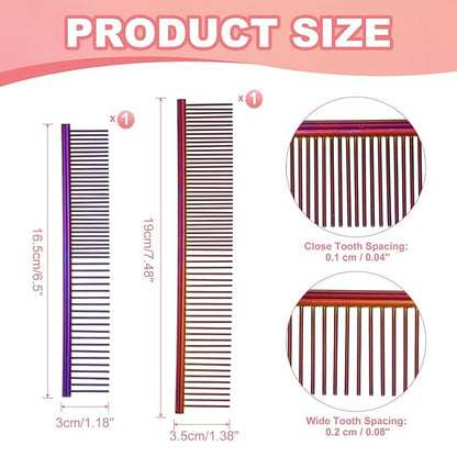 Dog Cat Comb, Pet Combs Stainless Steel Teeth with Rounded Ends for Knots Mats Loose Hair Removal, 6.5/7.5IN (Purple Plated, 2 Pack), Grooming Tool Intended for Long Curly Hair Pet