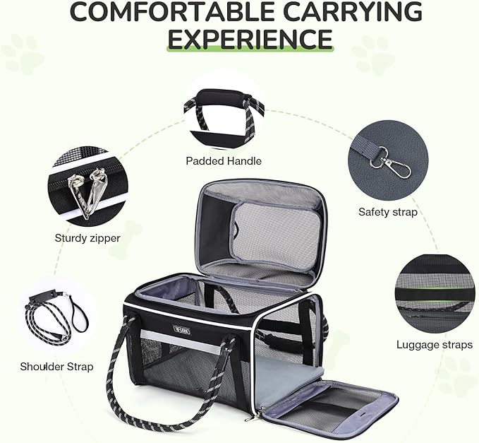 Lekereise Top Expandable Dog Carrier TSA Airline Approved Soft Sided Pet Underseat Up to 12lbs Travel Carriers for Small Cats and Dogs with Convertable Dog Leash and Anti-Scratch Mesh