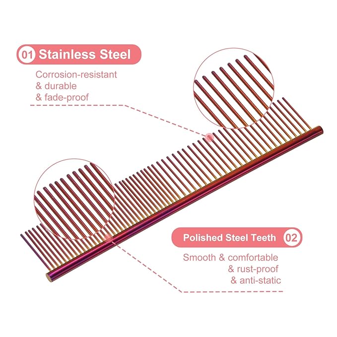 Dog Cat Comb, Pet Combs Stainless Steel Teeth with Rounded Ends for Knots Mats Loose Hair Removal, 6.5/7.5IN (Purple Plated, 2 Pack), Grooming Tool Intended for Long Curly Hair Pet