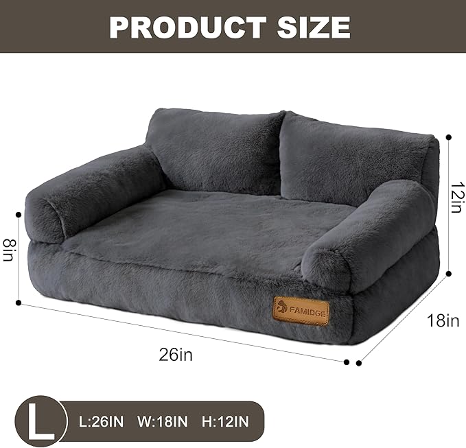 Plush Cat Couch Bed - Cat Bed for Indoor Cats, Dog Sofa Bed, Short Rabbit Fleece Calming Pet Couch with Removable Cover, Anti-Shedding Pet Sofa for Small/Medium Pets (26×18×12in, Dark Grey)