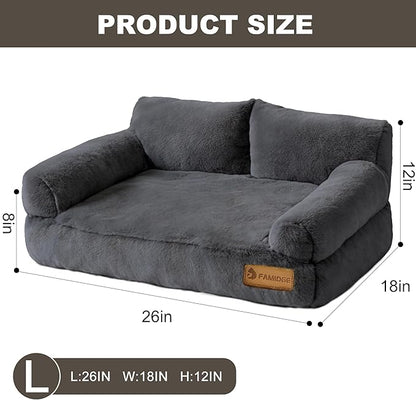 Plush Cat Couch Bed - Cat Bed for Indoor Cats, Dog Sofa Bed, Short Rabbit Fleece Calming Pet Couch with Removable Cover, Anti-Shedding Pet Sofa for Small/Medium Pets (26×18×12in, Dark Grey)