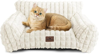 Cat Beds for Indoor Cats - Cute Cat Couch Bed Fluffy Pet Sofa with Faux Rabbit Fur Washable Cover, Fuzzy Pet Couch in 3D Diamond Pattern, Suppportive Large & Small Cats Sofa, 24inch Off White