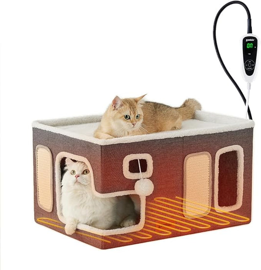 ZOMISIA Heated Cat House for Indoor Cats - Large Cat Warming Bed for Winter with Fluffy Ball Hanging and Adjustable Heating Pad, Foldable Cat Hideaway,23x16.5x13 inches, Grey