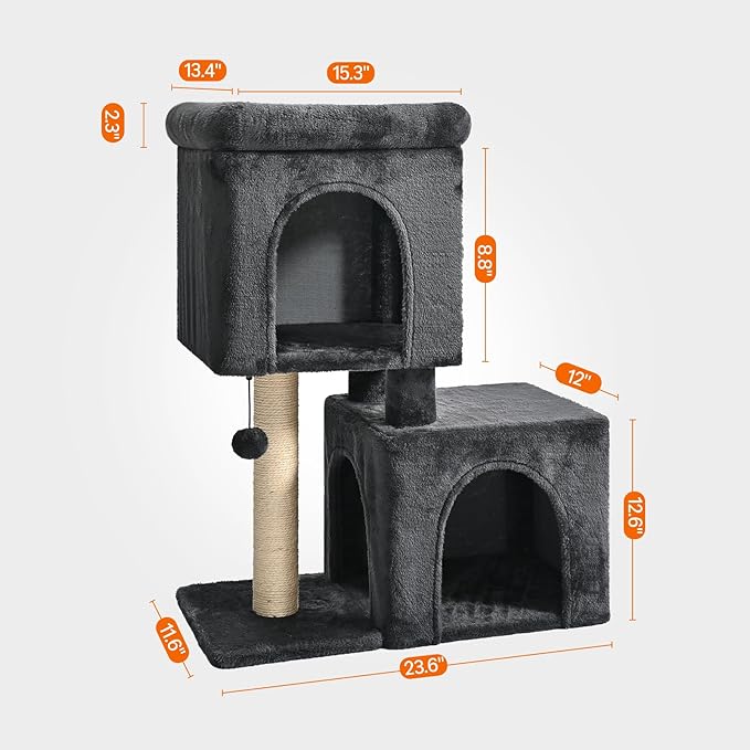 Amazon Basics 30-Inch Cat Tree Tower, Activity Center with 2 Plush Condos, Sisal Scratching Post and Hanging Pompom, Gray