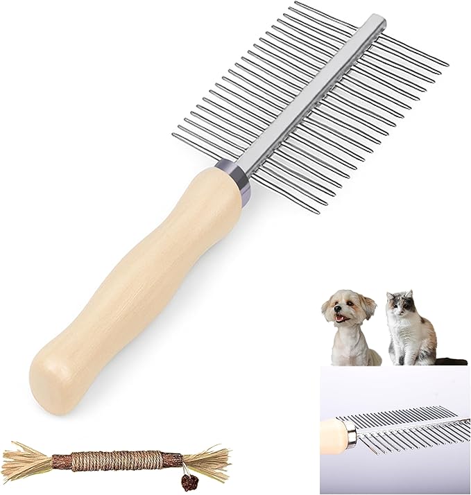 Double Row Pet Comb with Wooden Handle, Metal Pin Undercoat Rake for Dogs & Cats, Grooming Tool for Detangling, Deshedding & Massage