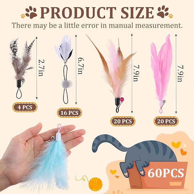 60 Pcs Cat Wand Feather Toys Refill Colorful Cat Wand Replacement Feathers Toy for Interactive Kitten Fishing Pole Feather Attachments with Bells for Indoor Stray Cats to Exercise and Play