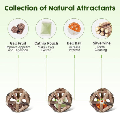 Potaroma Catnip Toys, 3Pcs Cat Toys Natural Silvervine Stick Cage Balls & Bell Ball for Indoor Cats, Kitten Cleaning Teeth Molar Matatabi Cat Chew Toy All Breeds