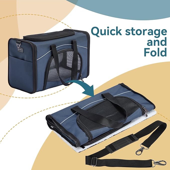 ‌Petsfit Airline Approved Pet Carrier for Small Cats, 15x8x10 TSA Approved Carrier, with Removable Dual-Sided Padding (2-Way Placement) - Fits Under Most Airplane Seats, Escape Proof (Navy)