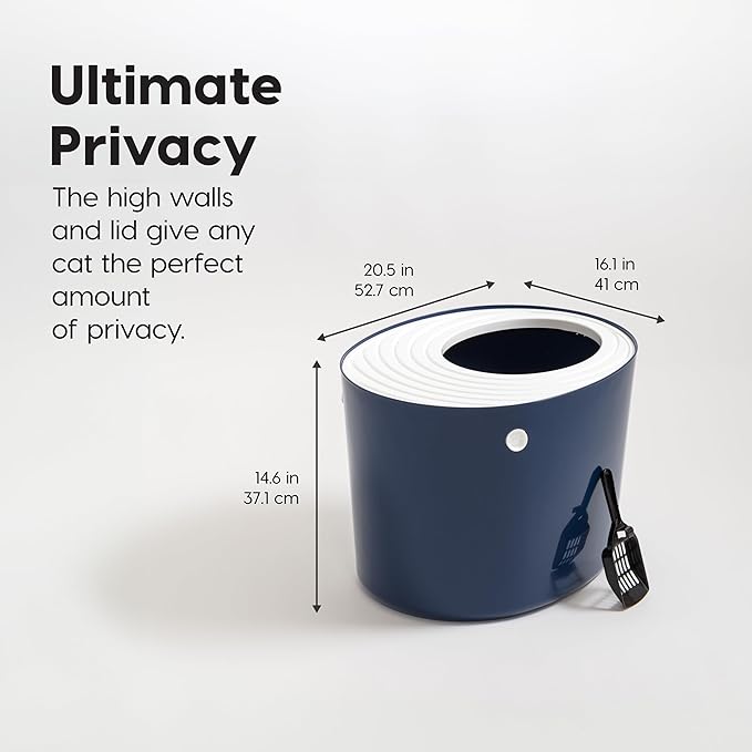 IRIS USA Cat Litter Box, Large Top Entry with Litter Catching Lid and Scoop, Dog Proof, Cat Box Enclosure, Navy/White
