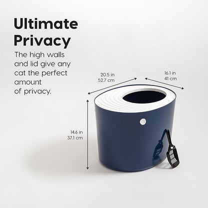 IRIS USA Cat Litter Box, Large Top Entry with Litter Catching Lid and Scoop, Dog Proof, Cat Box Enclosure, Navy/White